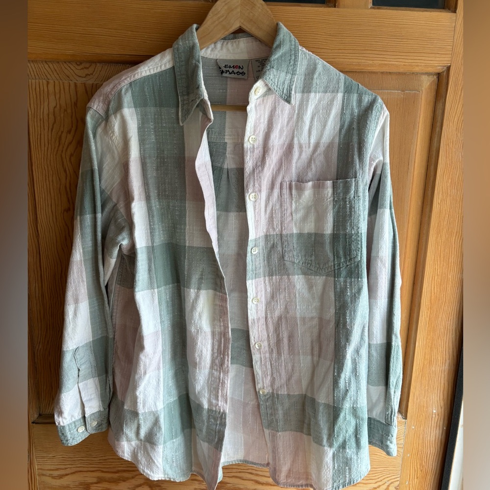 VTG Lemon Grass Plaid Button Down Shirt - Pastel Green and Pink